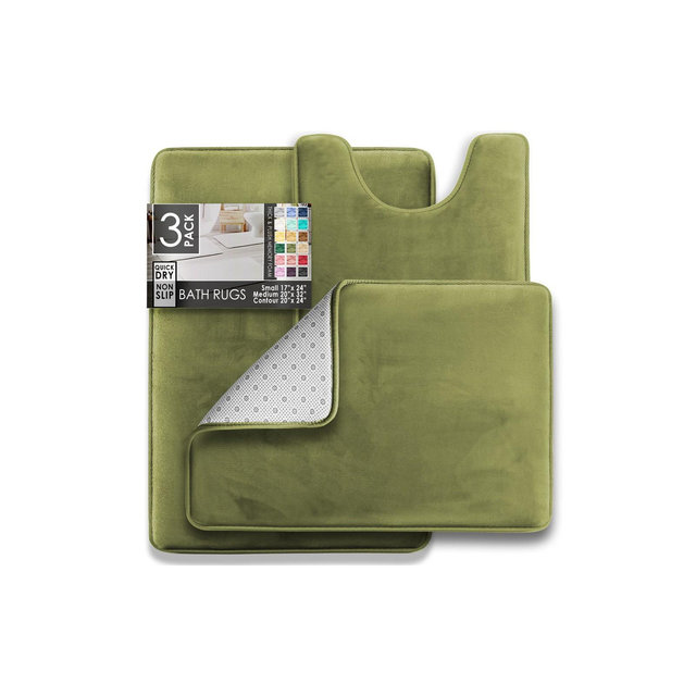 Hearth & Harbor 3 Piece Bathroom Rugs Bath Mat Set, Non-Slip Velvet Memory Foam Bath Mats, Sage Green