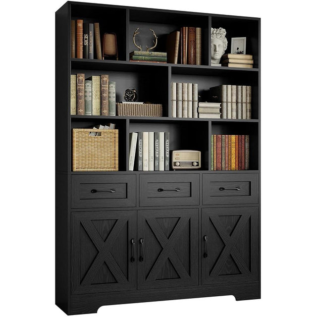 IRONCK Bookshelf with 3 Drawers, 71" Bookcase with Doors, Triple Wide Bookshelves, 6 Tier Tall Bookshelf with Storage Cabinet for Home Office, Living Room, Black