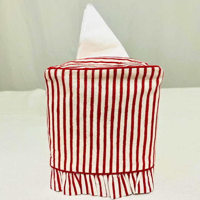 Terracotta Red Stripes Hand Block Printed Ruffle Tissue Box Cover Indian Handmade Cotton, Tissue Holder, Boho Square Napkin Sleeve