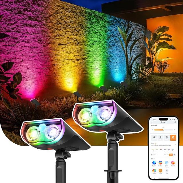 Linkind Smart Solar Lights Outdoor SL5 with Motion Sensor, APP Control Color Changing Solar Spot Lights Outdoor, IP65 Landscape Lighting for Yard, Garden, Pathway(2 Pack)