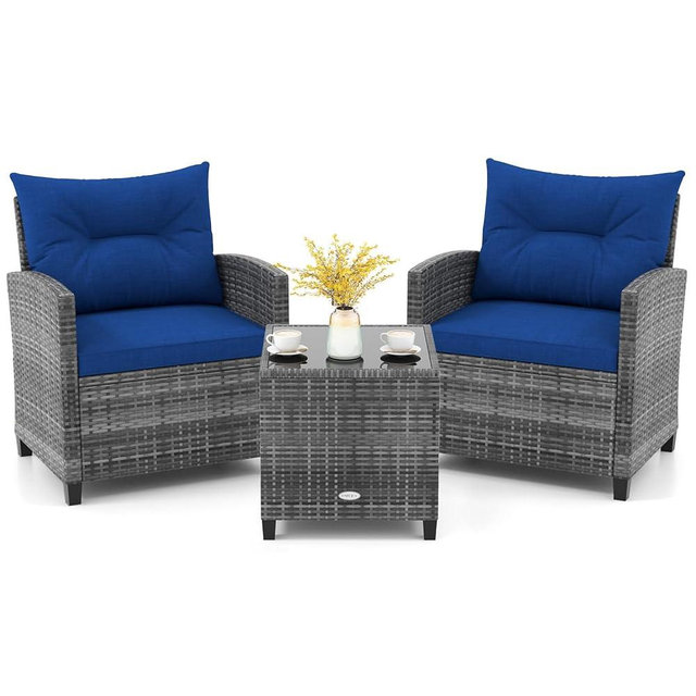 KOTEK 3 Piece Patio Furniture Set, Outdoor PE Rattan Conversation Set with Washable Cushions & Tempered Glass Tabletop, Wicker Chairs and Table Set for Porch, Garden, Balcony (Navy)