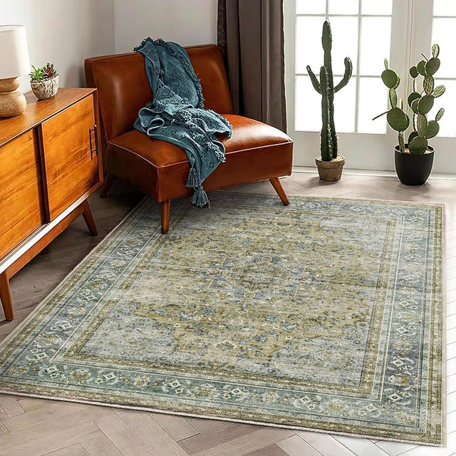 CHAMPLANT Washable Area Rug 4'x6' Traditional Floor Cover Foldable Thin Rugs Retro Kitchen Indoor Distressed Non Slip Carpet Floral Print Mat Bedroom Living Room