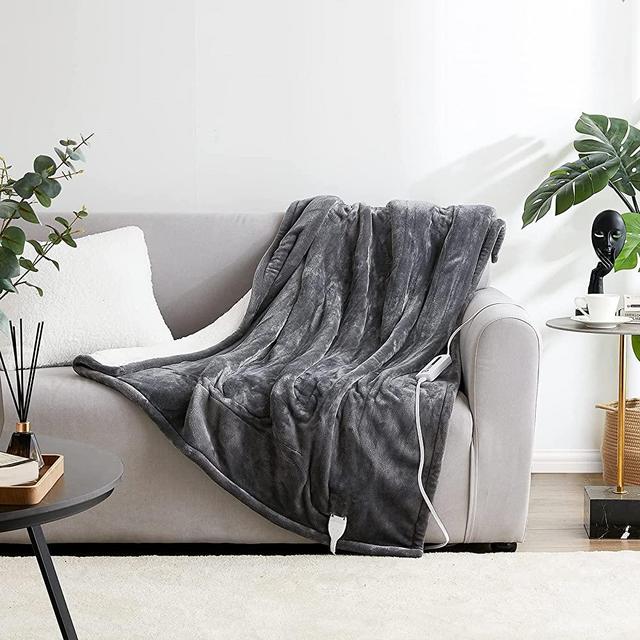 EHEYCIGA Heated Blanket Throw Electric with 5 Heating Levels & 3 Hours Auto Off, Super Cozy Fluffy and Machine Washable Sherpa Electric Throw with Fast Heating for Couch (50 x 60 Inches, Grey)