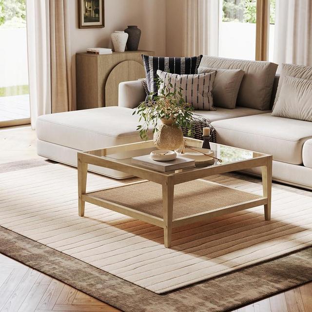 Nathan James Hayes Glass Top Coffee Table, Solid Wood Coffee Table with Glass Top and Rattan Bottom Shelf, Light Brown