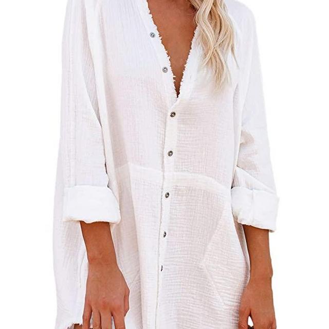 HAPCOPE Women's Button Down Shirt Dress Oversized Long Sleeve Swimsuit Cover Ups Beach Dresses