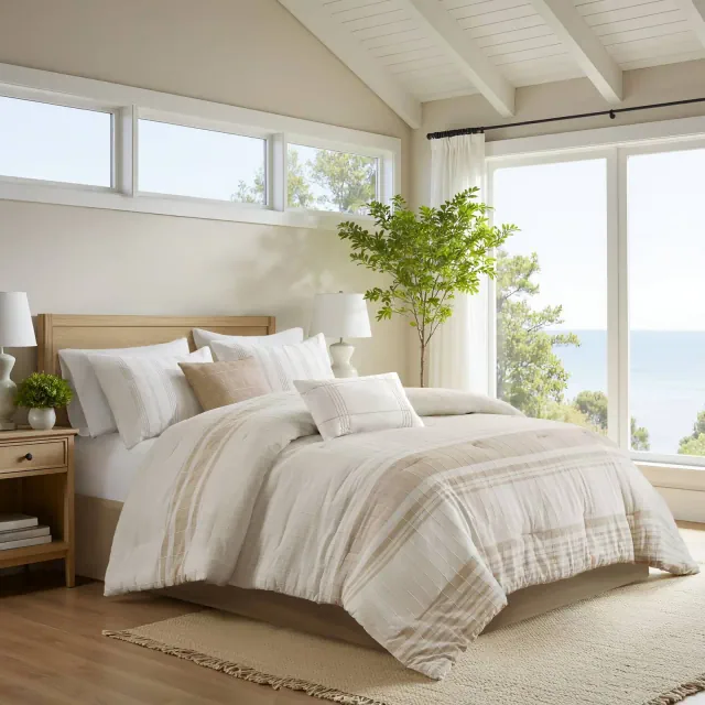 6Pcs Cottage Style Jacquard Woven Stripes Comforter Set, 100% Cotton Face Polyester Filling Bed Set with Matching Bedskirt and Pillows, Ivory/Taupe,