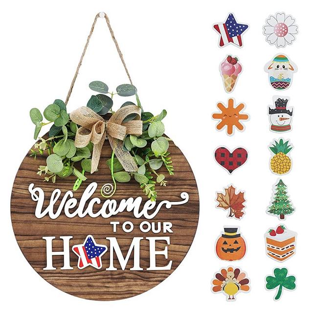 Interchangeable Seasonal Welcome Sign Front Door Decoration, Rustic Round Wood Wreaths Wall Hanging Outdoor, Farmhouse, Porch, Living Room, Perfect for 4th of July Decorations Party Decor Christmas.