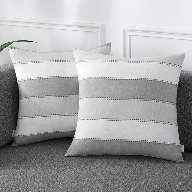 AmHoo Pack of 2 Farmhouse Stripe Check Throw Pillow Covers Set Case Cotton Linen Decorative Pillowcases Cushion Cover for Couch Bench Sofa 18x18Inch Light Grey Beige