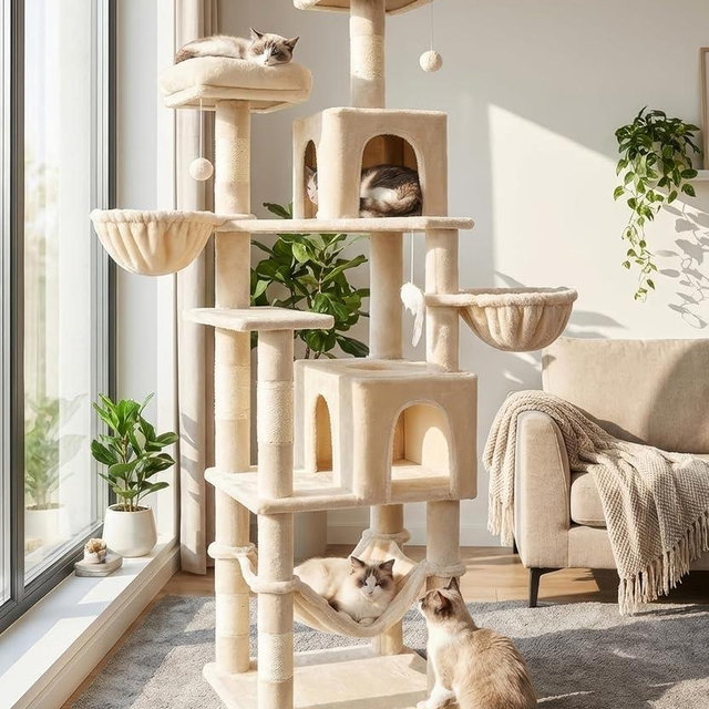 AMHANCIBLE Cat Tree, 70 Inch Cat Tower for Indoor Cats, Multi-Level Cat Tree with Scratching Post, Hammock, Hanging Basket, Large Cat Condos for Adult Cats Kittens, Beige, PT18BG