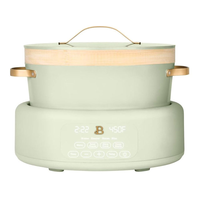 10-in-1 8-Qt Multi-Cooker with Bamboo Steamer Insert, 7 Preset Functions, Digital Controls, Nonstick Pot, Large Capacity Electric Cooker, Countertop Appliance (Sage Green)