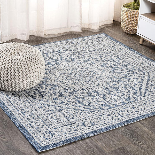 JONATHAN Y Medallion Weave Indoor Outdoor Square Area Rug 6X6 Navy/Gray, Sinjuri Textured for Backyard, Patio, Porch, Easy-Cleaning, High Traffic, Pet-Friendly, Non-Shedding (SMB101B-6SQ)