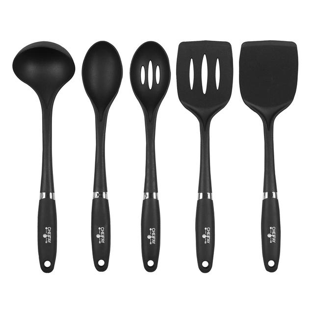 Kitchen Utensil Set for Comfortable Cooking and Easy Cleaning - Nylon - Non Slip Grip 5-Piece Utensils, Pro-Grade Kitchen Tools Set Great For Non Stick Cooking and Baking (Black)