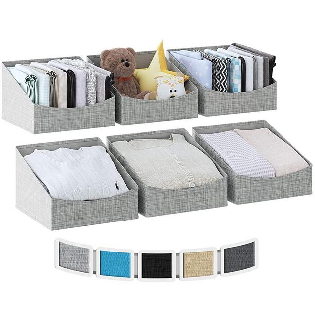 NEATERIZE Storage Baskets for Shelves - [Set of 6] - Sloped Cut Closet Storage Cube Bins | Fabric Cloth Organizing Shelf Organizer Bins for Bathroom, Nursery, Towels, Linen and Shoes (Small – Grey)