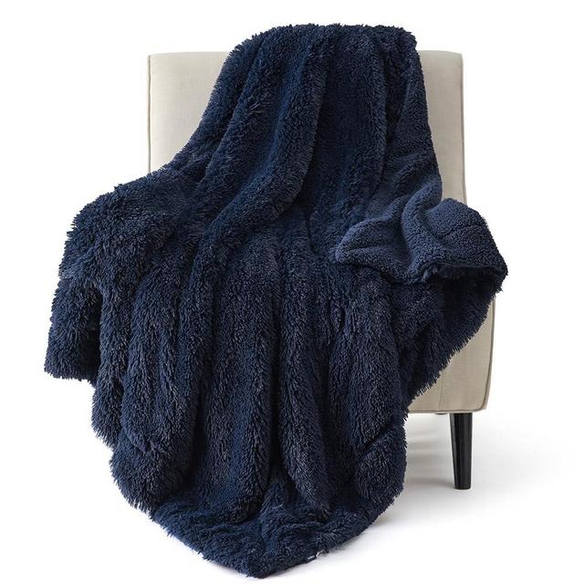 Bedsure Faux Fur Throw Blanket Navy Blue – Fuzzy, Fluffy, and Shaggy Faux Fur, Soft and Thick Sherpa, Cozy Warm Decorative Gift, Throw Blankets for Couch, Sofa, Bed, 50x60 Inches, 640 GSM