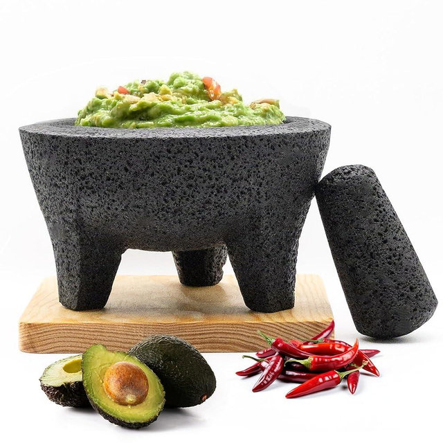 The Authentic Molcajete Mexicano Made of Lava Volcanic Rock, Set with Mortar, Pestle and Cutting Board Included - Large Molcajete 8-Inch, Molcajete de Piedra Volcánica, Molcajete for Oven