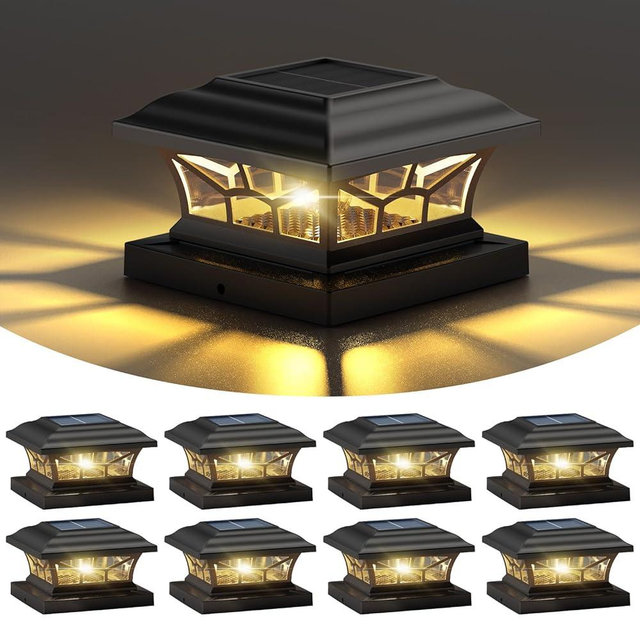 DAMAYCA 8 Pack Solar Post Cap Lights Outdoor Waterproof, Fits 4x4, 5x5, 6x6 Wooden & Vinyl Fence Decks, Edison LED Bulb with Warm & Cool White Light Modes (Classic Black, 8)