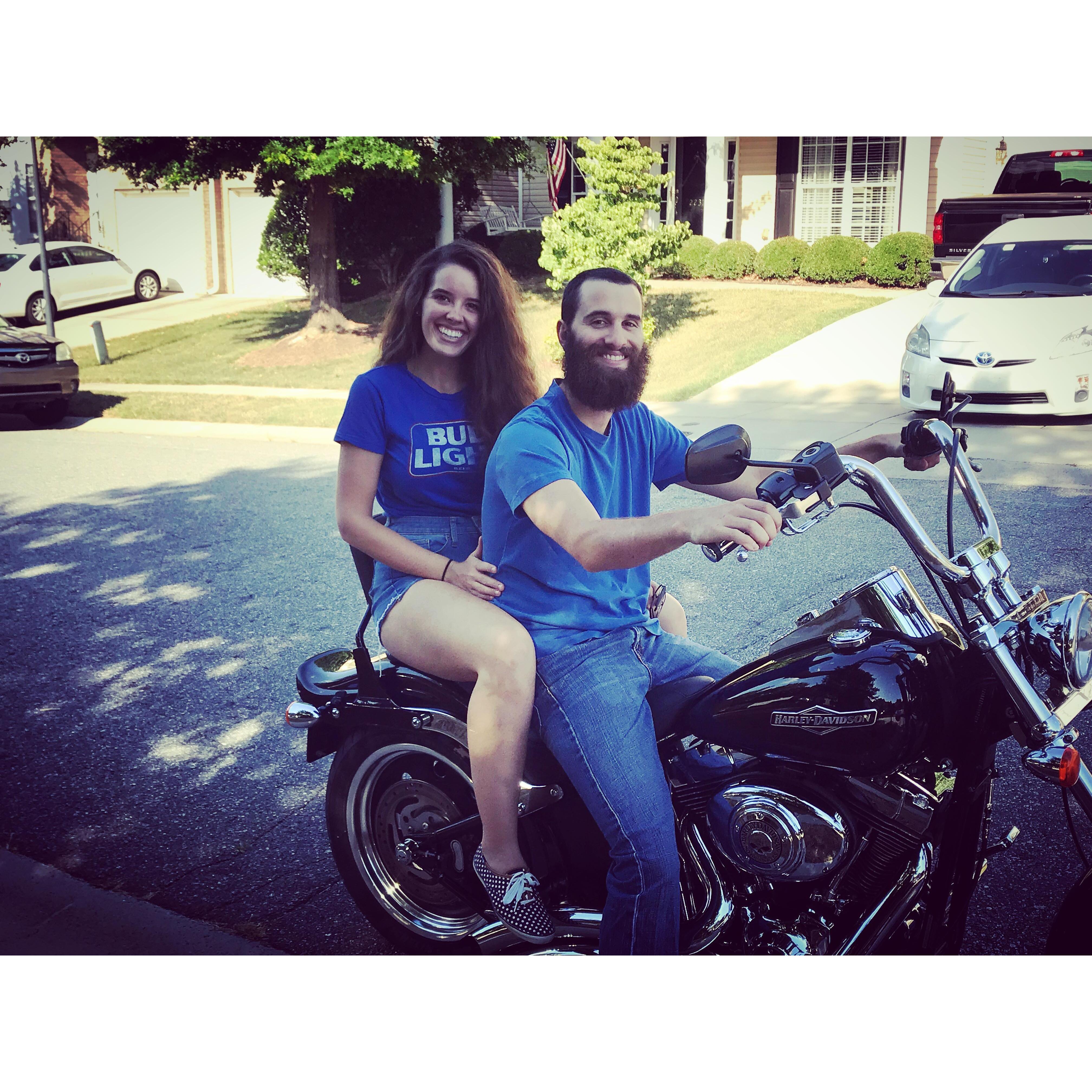 July 2018 - Chris and I sitting on his Harley Davidson motorcycle on the Fourth of July which we enjoy riding very frequently