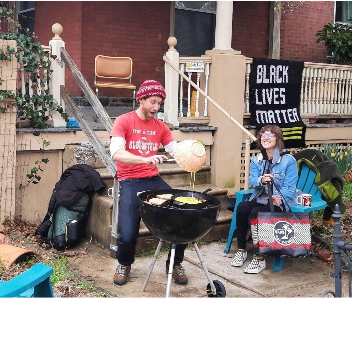 Making some breakfast outside of our apartment.