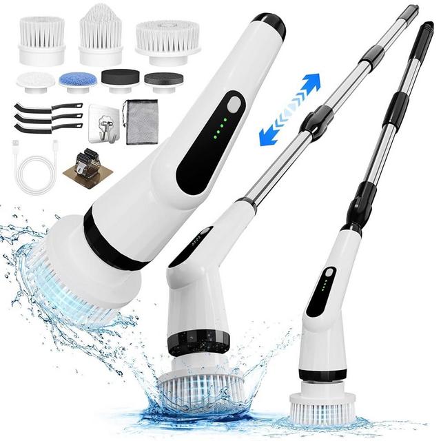 Electric Spin Scrubber, Dreazu IPX7 Bathroom Scrubber with 7 Replaceable Brush Heads & Retractable Handle, 2-Speed Adjustable Spin Scrubber for Bathroom, Bathtub, Kitchen, Tile Floors