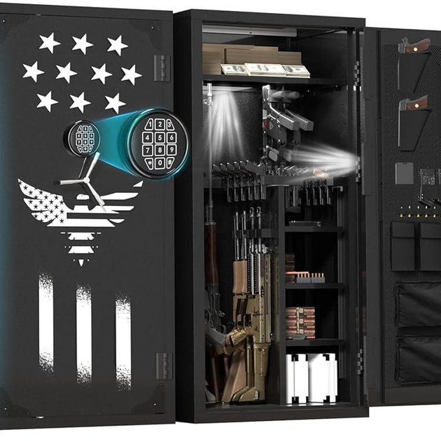 Large Rifle Safe, 30-40 Gun Safe for Rifle and Shotgun/Rifle Pistol Rack/Storage Pocket/Removable Shelf/Silent Mode/External Battery/LED/Key,180° Open Door Gun Safe (Electronic Combination Lock)