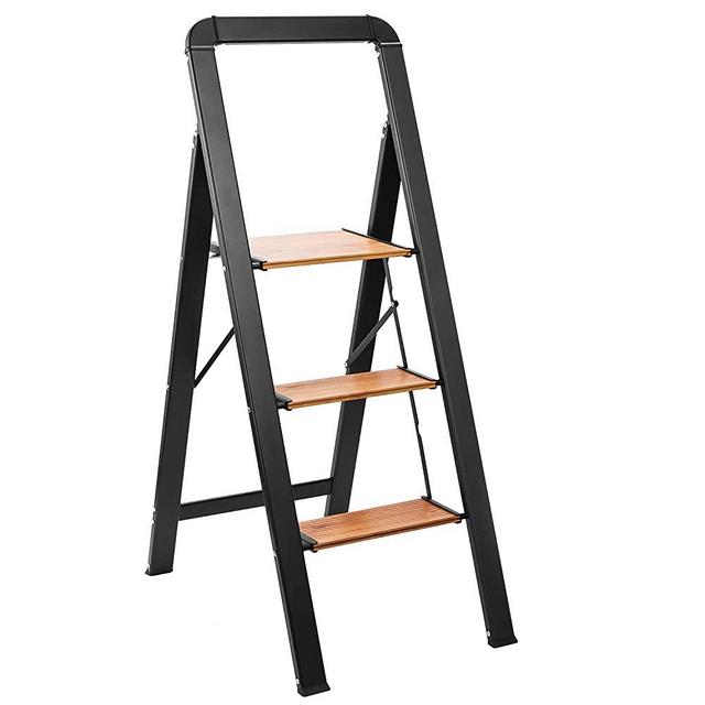 Delxo Aluminum 3 Step Ladder,2020 Upgrade Lightweight Folding Step Stool with Long Handle, Anti-Slip Sturdy Pedal, Classic Wood Look Without Wood Worry Step Ladder, Hold Up to 330LB