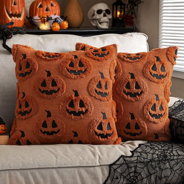 EMEMA Fall Pumpkin Ghost Decorative Throw Pillow Covers 20x20 Inch Set of 2 Soft Plush Faux Wool Couch Pillow Covers 3D Embroidered Halloween Couch Cushion Case for Living Room Home Decor