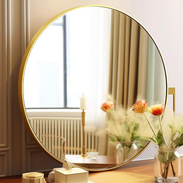 Sunniry Gold Round Mirror, 24 inch Round Mirror, Gold Circle Mirror Metal Frame, Round Wall Mounted Mirrors for Bathroom, Hallway, Living Room, Bedroom.