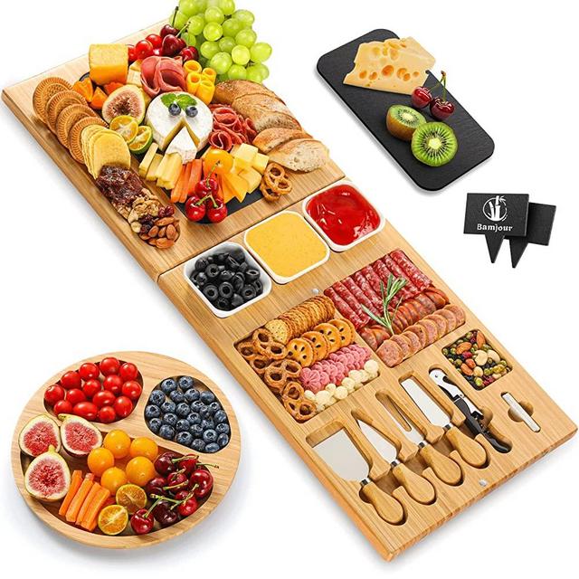 Bamjour Bamboo Cheese Board and Knife Set: Extra Large Luxury Charcuterie Boards Set & Accessories & Smiley Round Plate - Unique Wedding Gift and Housewarming Gifts