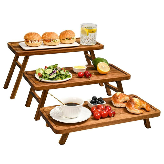 GEHE Foldable 3 Tier Serving Tray, Cupcake Stand for Party, Acacia Wooden Cupcake Tower Holder Set, Large Serving Platters, Decorative Dessert Table Display Stand Charcuterie Boards
