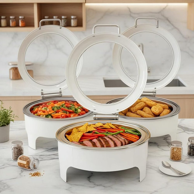 6.5L White Chafing Dishes for Buffet,Visualization Glass Lid Catering Supplies Buffet Display with Damping Hinges,Food Heater Tray Buffet Ideal for Parties, Restaurants,3 Pack