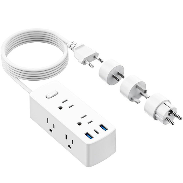 European Travel Plug Adapter, Olcorife Power Strip with EU UK US Plug Adapter, 6 Outlets 3 USB Ports with 5ft Extension Cord, International Power Adapter for US to Europe UK