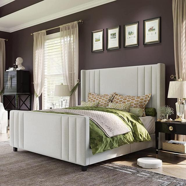 AMERLIFE King Size Bed Frame, Velvet Upholstered Platform Bed with Vertical Channel Tufted Headboard & Footboard/Wingback, Mattress Foundation with Wood Slats, No Box Spring Needed, White