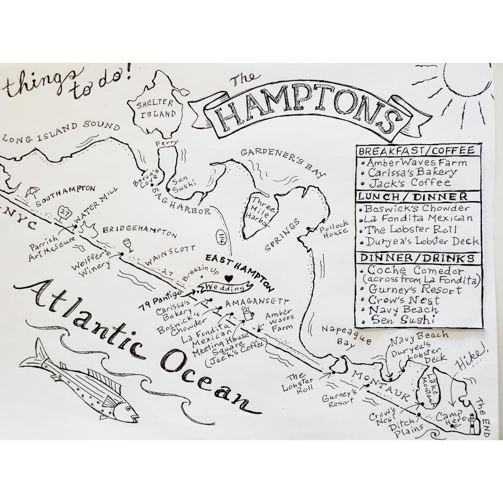 A map of the Hamptons and our favorite spots, illustrated by my very talented mom Lorinda!