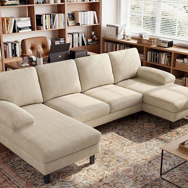 LINSY HOME Convertible Sectional Couch, Corduroy U-Shaped Sofa Couch with Double Chaises and Sleepable Armrests, 4-Seat Deep Sofa Set for Living Room, Beige