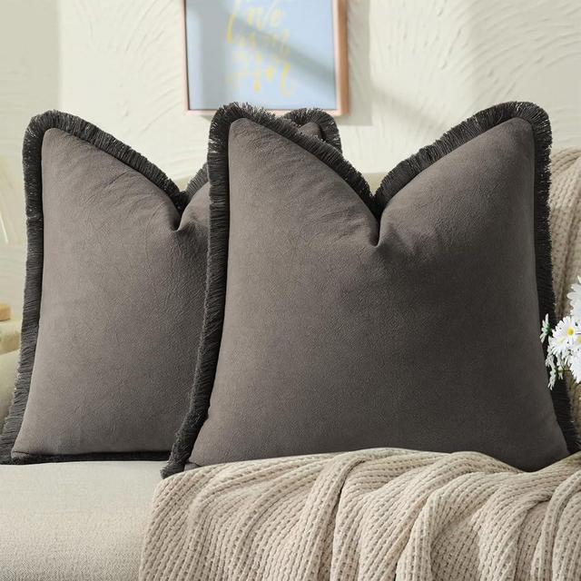 ZWJD Pillow Covers 16x16 Set of 2 Dark Gray Throw Pillow Covers with Fringe Chic Cotton Decorative Pillows Square Cushion Covers for Sofa Couch Bed Living Room Farmhouse Boho Decor