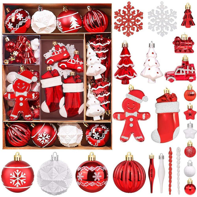 FestiveBliss Christmas Ornaments - 71 Count, Shatterproof Plastic Balls, Red and White Decorations for Tree