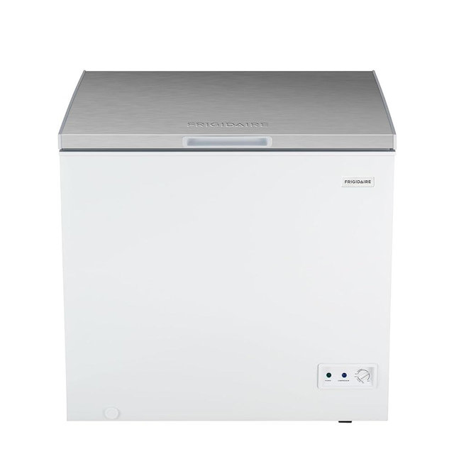 Frigidaire Chest Deep Freezer, 7 Cu. Ft. Capacity, Shiny Stainless Steel Top Lid Design-Adjustable Thermostat-Removable Vinyl Coated Wire Basket-Easy Defrost Drain- Garage Ready