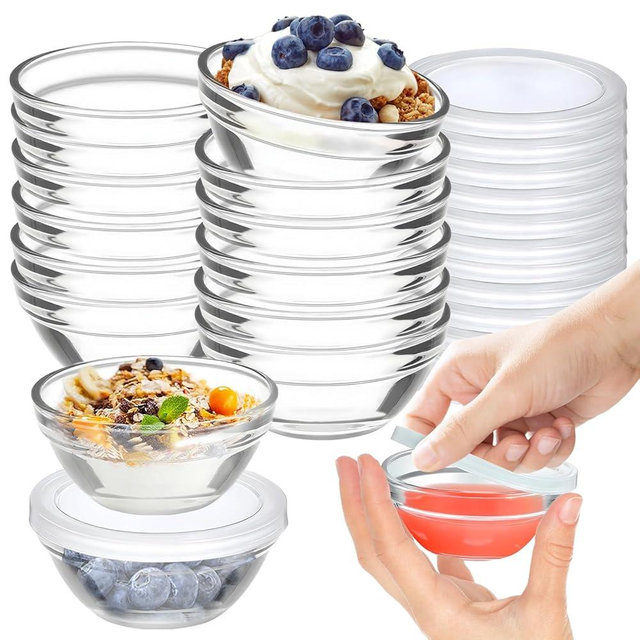 12 Pack Mini 3 Inch Small Glass Bowls with 12 Pack Lids, 2.5 oz Clear Glass Pinch Bowls, Condiment Containers, for Dips, spices, jams, Meal Prep Bowls