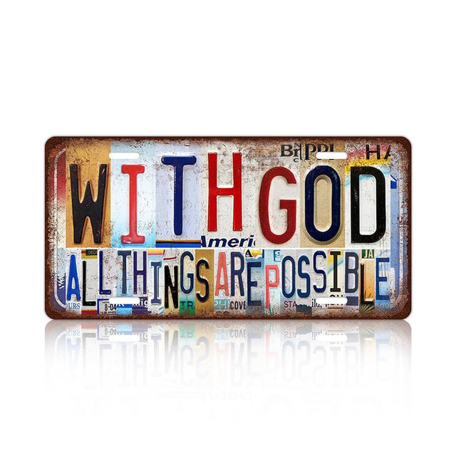 JBYMsign Vintage Inspirational Wall Decor With God All Things Are Possible License Plate Christian Metal Sign Tin Signs Poster