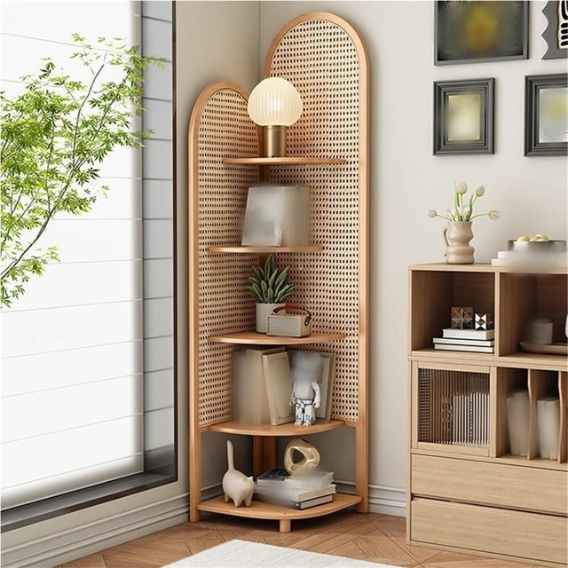 Tweizhenba 5 Tier Rattan Corner Shelf, Multi-Functional Corner Shelf, Corner Bookshelf, Triangular Rattan Shelf for Living Room, Bedroom(Natural)