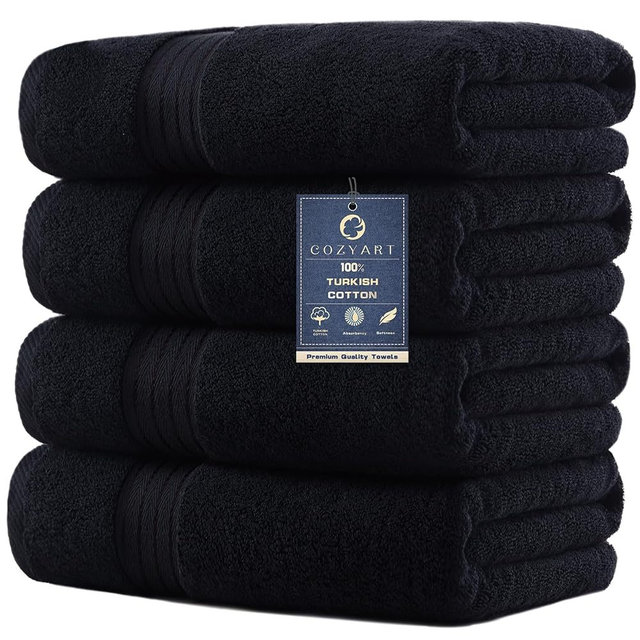 COZYART 4 Piece Luxury Bath Towels, 100% Turkish Cotton 650 GSM, 27x54, Soft Absorbent Quick Dry for Bathroom Hotel Spa, Black