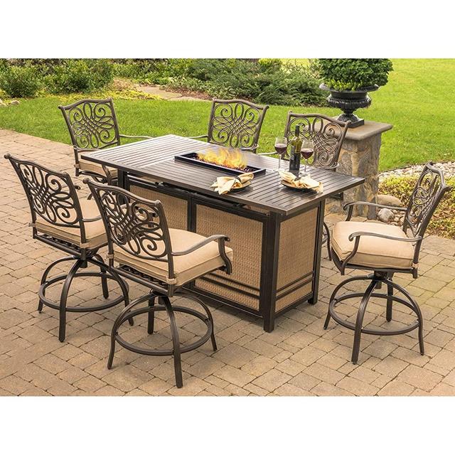 Hanover TRAD7PCFPBR Traditions 7-Piece High-Dining Set in Tan with 30,000 BTU Fire Pit Table Outdoor Furniture