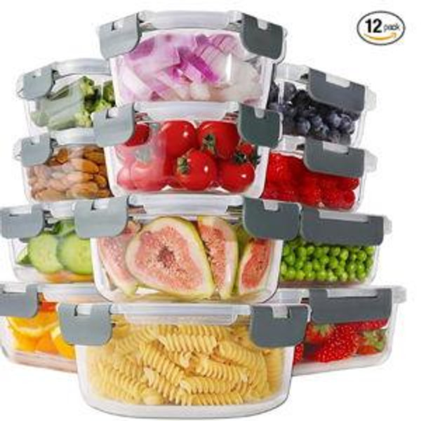 HOMBERKING 24pc Borosilicate Glass Food Storage Containers with Snap Locking Lids, Glass Meal Prep Containers, Airtight Lunch Boxes, Oven, Freezer and Dishwasher Safe, BPA Free, Kitchen Storage Set