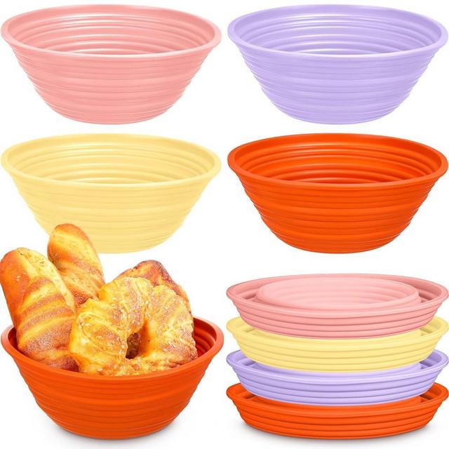 Domensi 4 Pcs Silicone Bread Proofing Baskets 9 In Collapsible Sourdough Bread Baking Supplies Round Dough Proofing Box Oven Safe for Home Bakers Bread Making (Orange, Yellow, Purple, Pink)