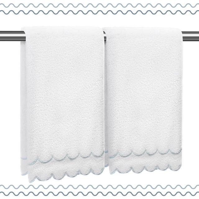 RRBXIA 100% Cotton Hand Towels for Bathroom 2 Pcs Scalloped Hand Towels 16 * 27 Inch Embroidered Decorative 500 GSM Soft Absorbent Bath Towel for Spa Yoga Hotel Sport (Blue)