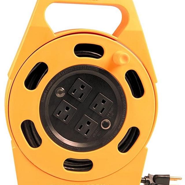 Woods 2801 Extension Reel with Four 3-Prong Power Outlets, Heavy Duty Retractable Cord, User Friendly, Made of Flame Resistant Materials, 10 AMP Circuit Breaker, 25 Foot, Yellow, Orange