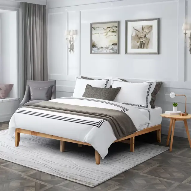 Full Size 14" Natural Wooden Platform Bed Frame with Wooden Slats, Eco-friendly Small Bed Frame No Headboard