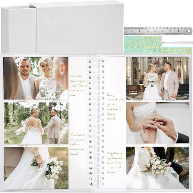 Vienrose Photo Album Linen Cover 4x6 with Writing Areas 300 Pockets Picture Albums Photos Book with Slipcase Metal Stickers Tweezers Ruler for Wedding Family Baby Anniversary Travel Graduction White