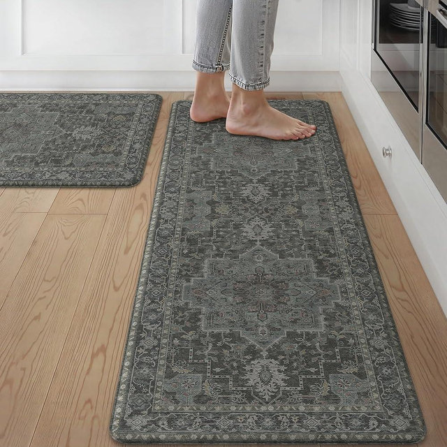 GENIMO Kitchen Mats for Floor 2PCs, Washable Anti Fatigue Mat for Cushioned, 17.3"x47"+17.3"x30", Waterproof Kitchen Rugs, Non Slip Comfort Standing Mat Rug for Home, Sink, Laundry, Dusky Green