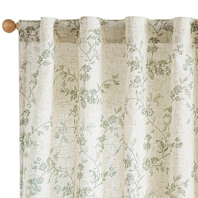 Lazzzy Green Floral Linen Curtains 63 Inch Farmhouse Back Tab Drapes for Living Room Bedroom Light Filtering Vintage Grandmillennial Rod Pocket Curtains, 2 Panels, W38 x L63, Green on Beige